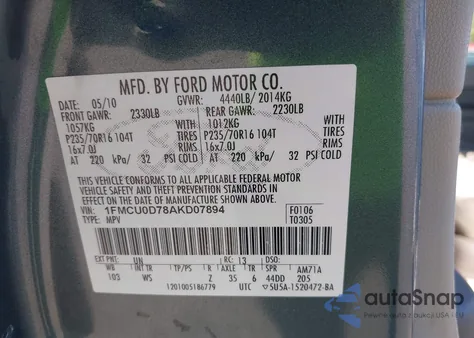 2010 Ford Escape Xlt from USA, damaged, VIN 1FMCU0D78AKD07894